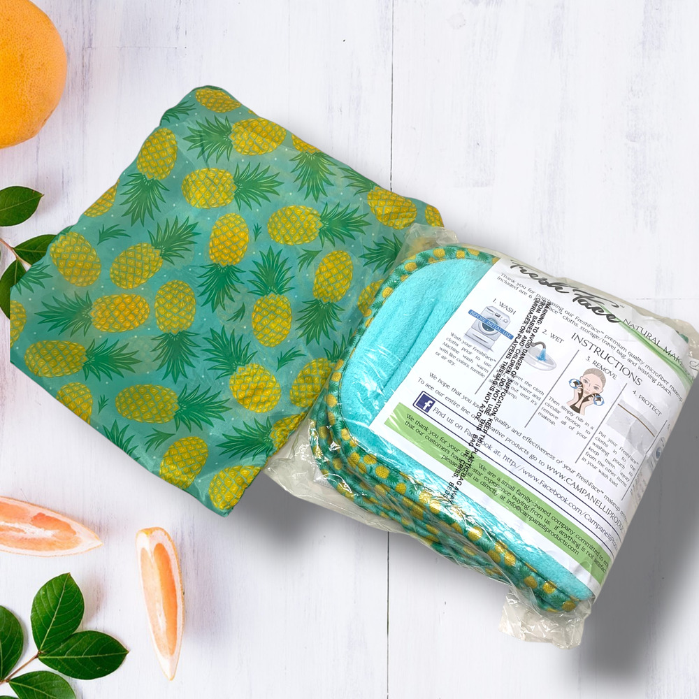 Campanelli Fresh Face Makeup Remover Cloths 6 Pack Pineapple Print NEW Wash Bag